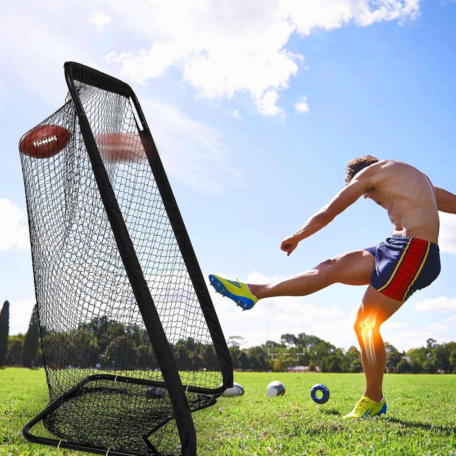 Football Kicking Cage Net 7 X 3.2 or 8 X 3 X 4 Ft Portable Football Throwing Net Powder Coated Steel Extra Deep Pocket for Punting Kicking Practice Train Equipment