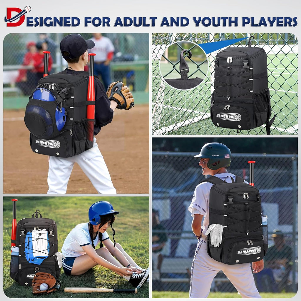Baseball Bag for Youth & Adult Lightweight Softball Bat Bag with Shoe Compartment, External Helmet Holder and Fence Hook Waterproof Baseball Backpack Hold T-Ball, Bat and Softball Equipment