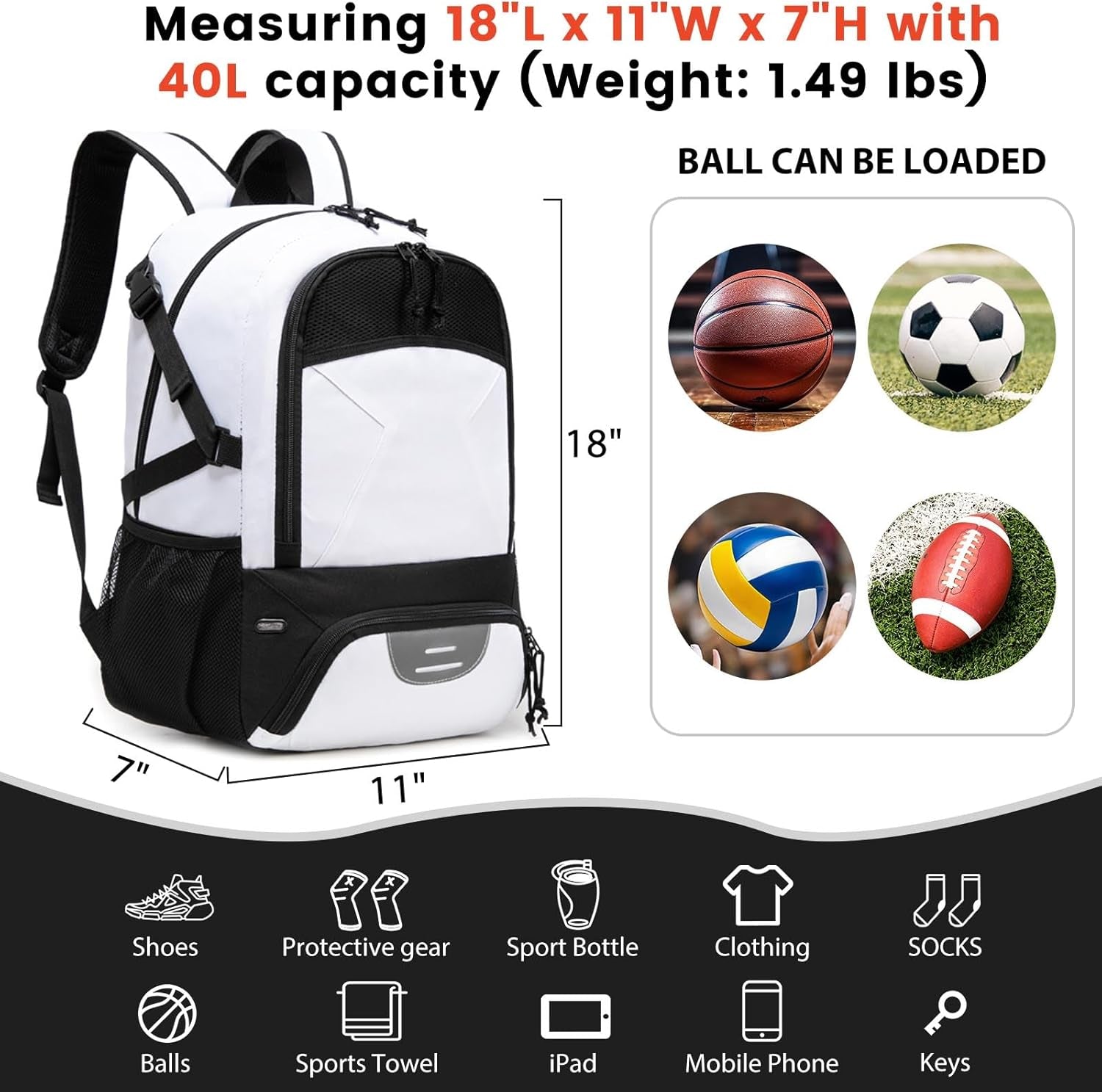 Basketball Backpack - Large Sports Equipment Bag with Ball Holder & Shoe Compartment for Basketball. (White)