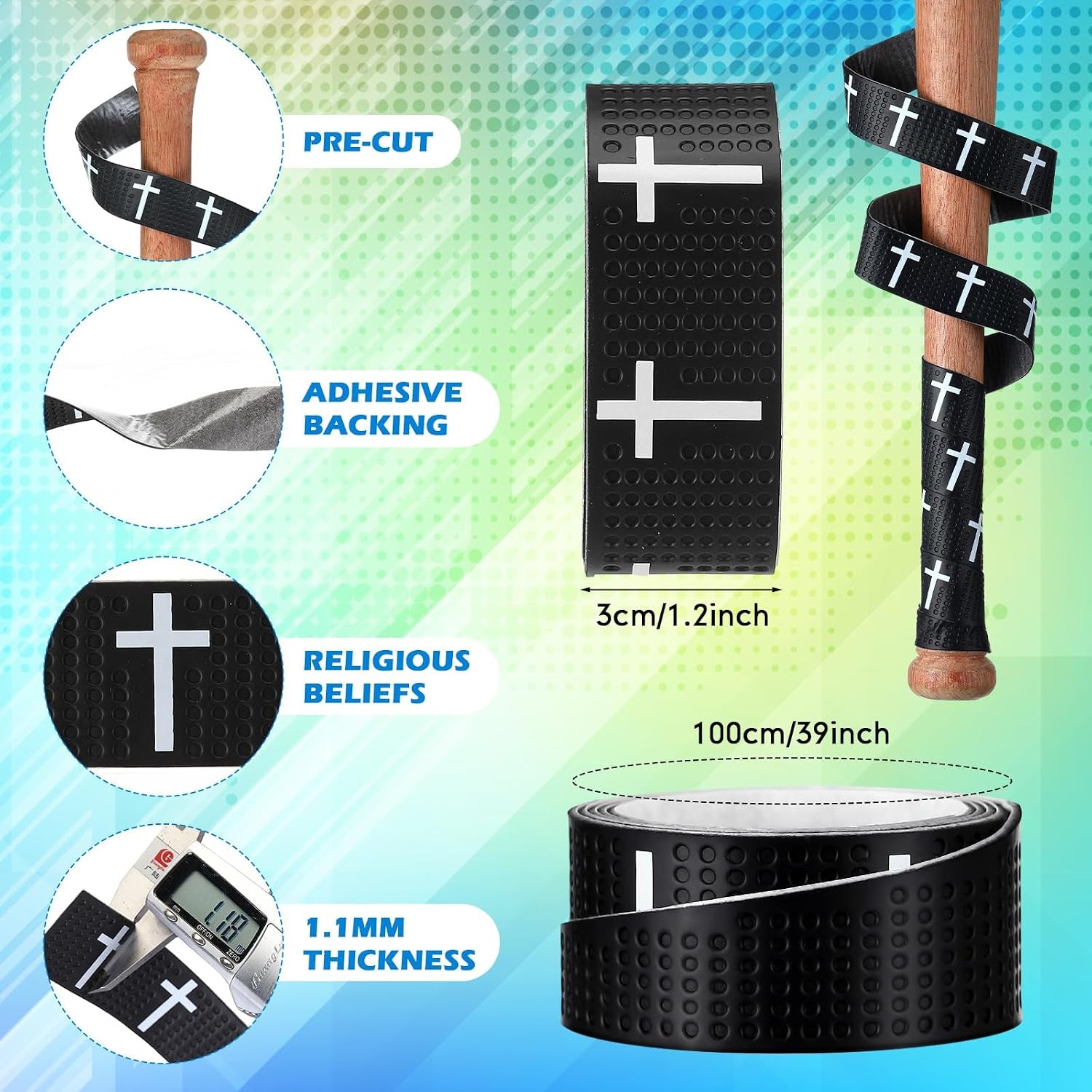 Faith Cross Baseball Bat Grip Tapes 1.1Mm Precut Full Adhesive Softball Grip Tape,Non-Slip Softball Bat Wrap Religious Cricket Batting Tape Replacement
