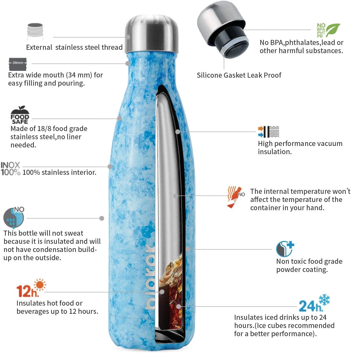17Oz Insulated Stainless Steel Water Bottles,Sports Water Bottles Keep Cold 24 Hours and Hot 12 Hours,Ice Blue