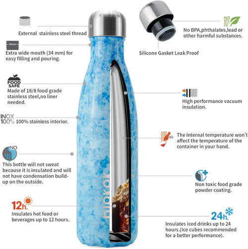 17Oz Insulated Stainless Steel Water Bottles,Sports Water Bottles Keep Cold 24 Hours and Hot 12 Hours,Ice Blue