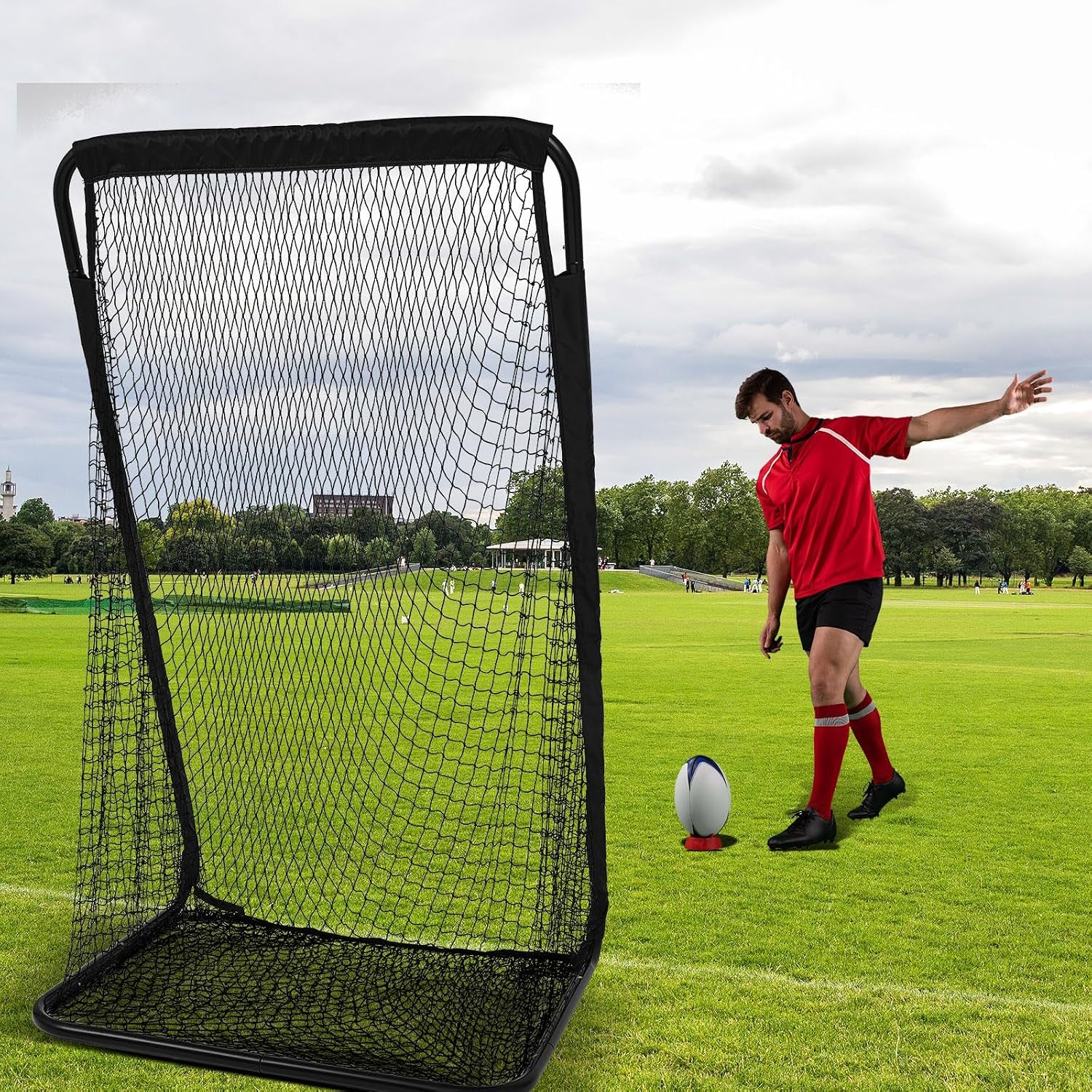 Football Kicking Cage Net 7 X 3.2 or 8 X 3 X 4 Ft Portable Football Throwing Net Powder Coated Steel Extra Deep Pocket for Punting Kicking Practice Train Equipment