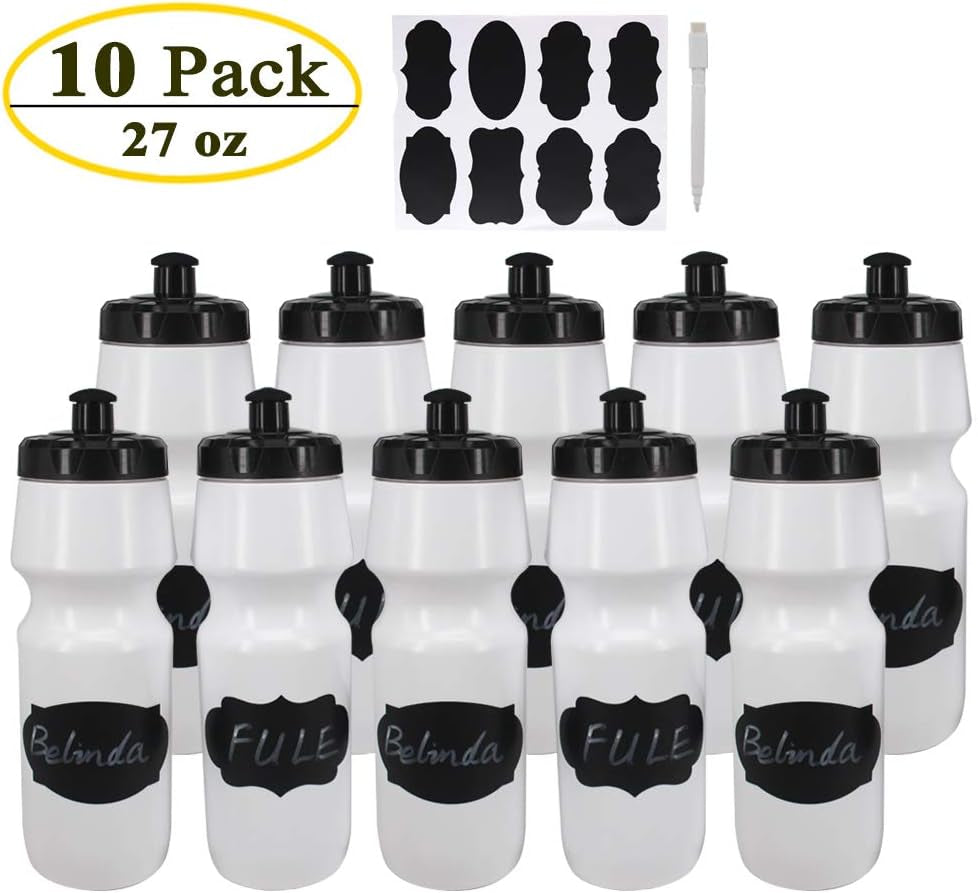 10 Pack 27 Oz Sports Water Bottles Sports and Fitness Squeeze Water Bottles BPA Free Come with 16 Pcs Chalk Labels, 1 Pen