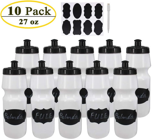 10 Pack 27 Oz Sports Water Bottles Sports and Fitness Squeeze Water Bottles BPA Free Come with 16 Pcs Chalk Labels, 1 Pen