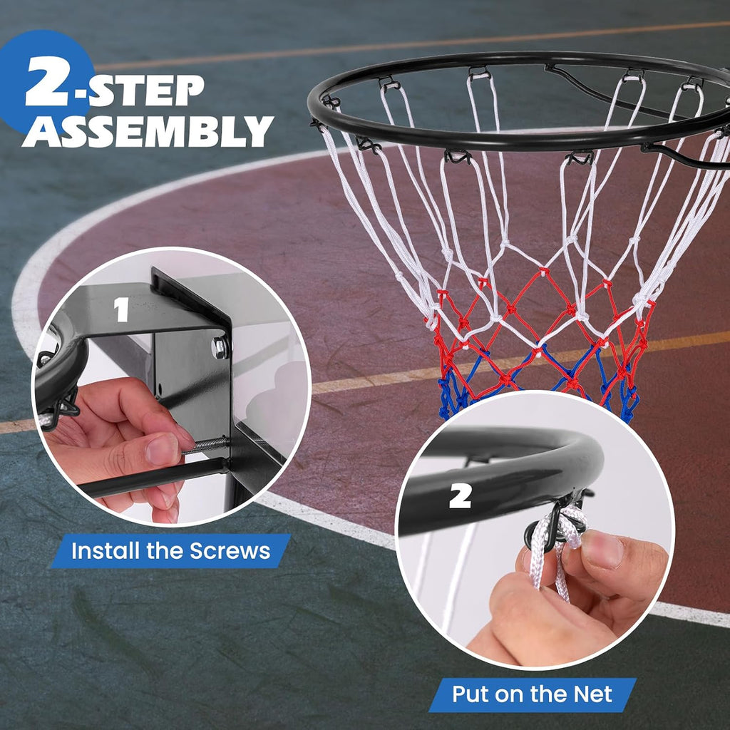 Basketball Rim, 15/18 Inch Basketball Rim Replacement with All-Weather Net, Basketball Hoop Replacement Rim Outdoor/Indoor for Wall Door Mounted