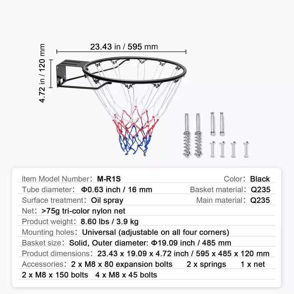 Basketball Rim, Heavy Duty Q235 Basketball Flex Rim Goal Replacement with Net, Wall Door Mounted Basketball Hoop