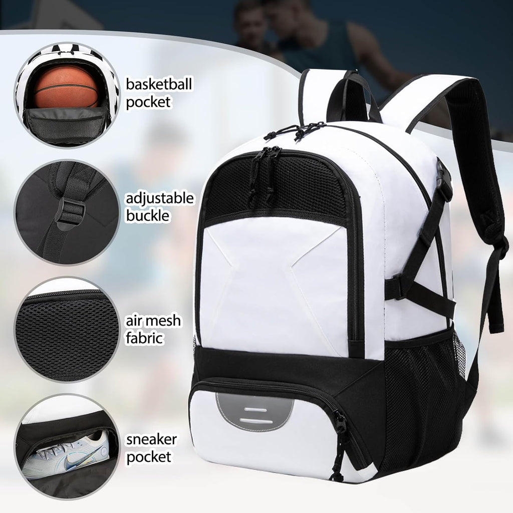 Basketball Backpack - Large Sports Equipment Bag with Ball Holder & Shoe Compartment for Basketball. (White)