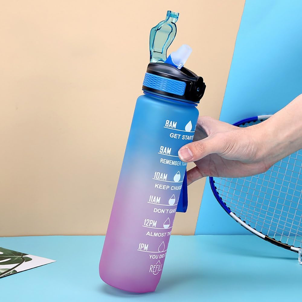 Water Bottle with Time Marker - 32Oz, Sports Water Bottles with Straw & Carrying Strap