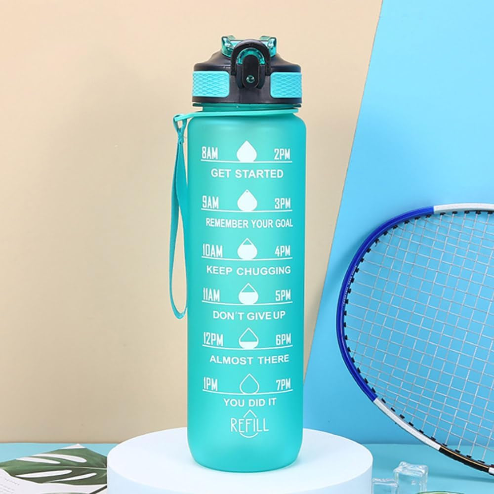 Water Bottle with Time Marker - 32Oz, Sports Water Bottles with Straw & Carrying Strap