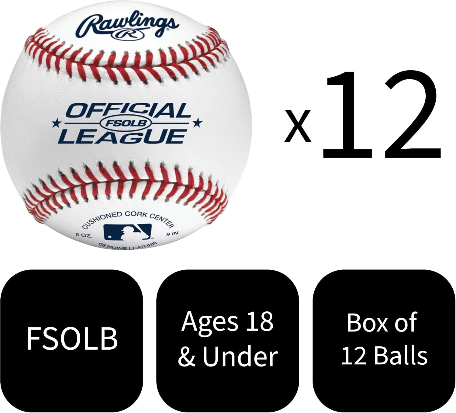 Rawlings | FLAT SEAM Official League Baseballs | FSOLB | Youth/14U | Recreational Use Practice | 12 Count