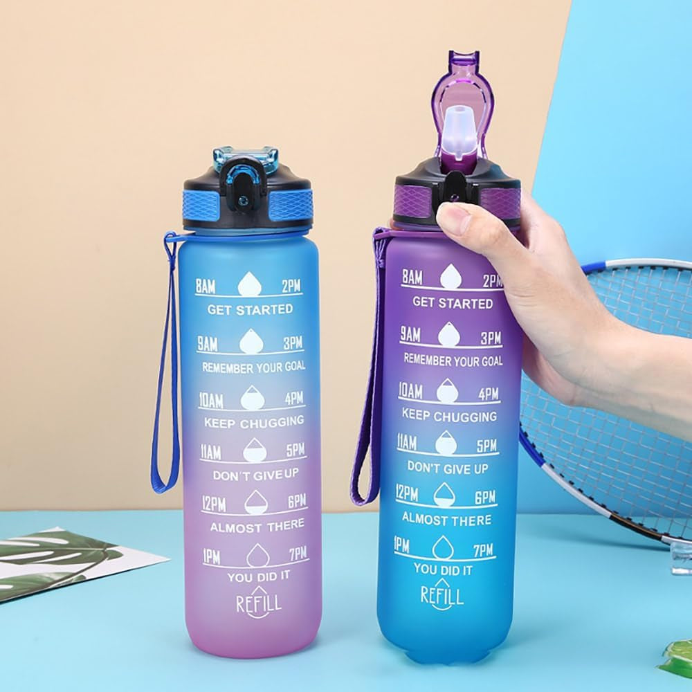 Water Bottle with Time Marker - 32Oz, Sports Water Bottles with Straw & Carrying Strap