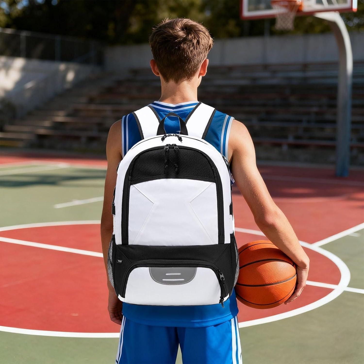 Basketball Backpack - Large Sports Equipment Bag with Ball Holder & Shoe Compartment for Basketball. (White)