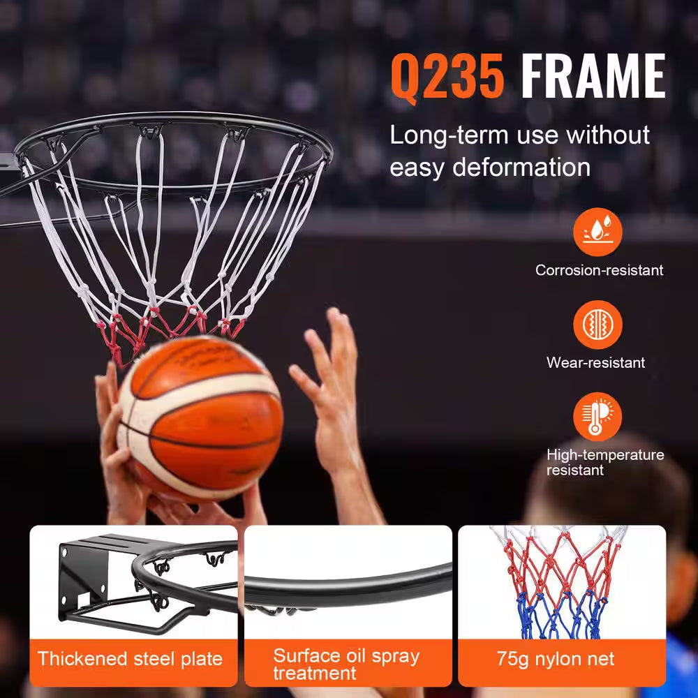 Basketball Rim, Heavy Duty Q235 Basketball Flex Rim Goal Replacement with Net, Wall Door Mounted Basketball Hoop