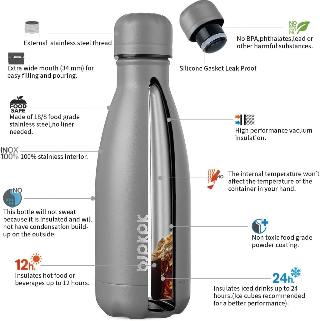 12Oz Insulated Stainless Steel Water Bottles Travel Sports Dishwasher Safe Water Bottles,Gray