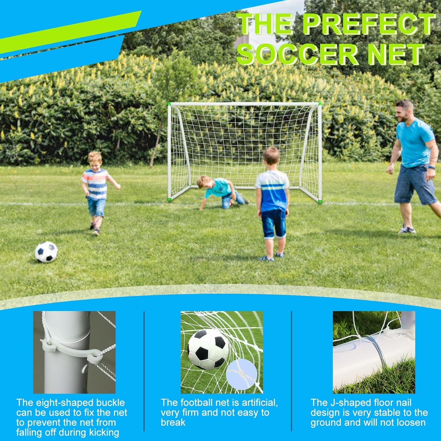 6'X4' Soccer Goal for Backyard, Kids Weatherproof and Portable Soccer Net | High-Strength Nets, Ground Stakes, Eight-Shaped Clasp, Strong PVC Frame & Weather Resistance Excellent Soccer Field Equipment
