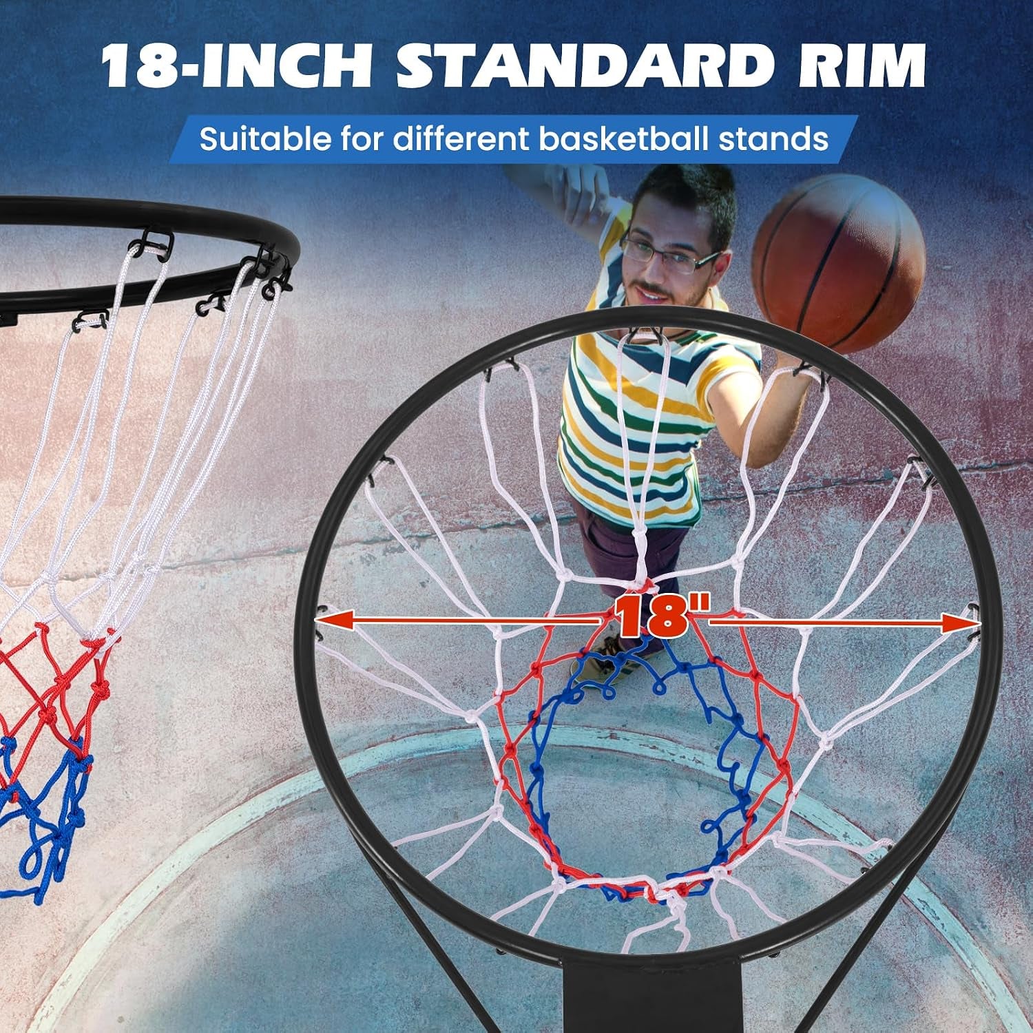Basketball Rim, 15/18 Inch Basketball Rim Replacement with All-Weather Net, Basketball Hoop Replacement Rim Outdoor/Indoor for Wall Door Mounted