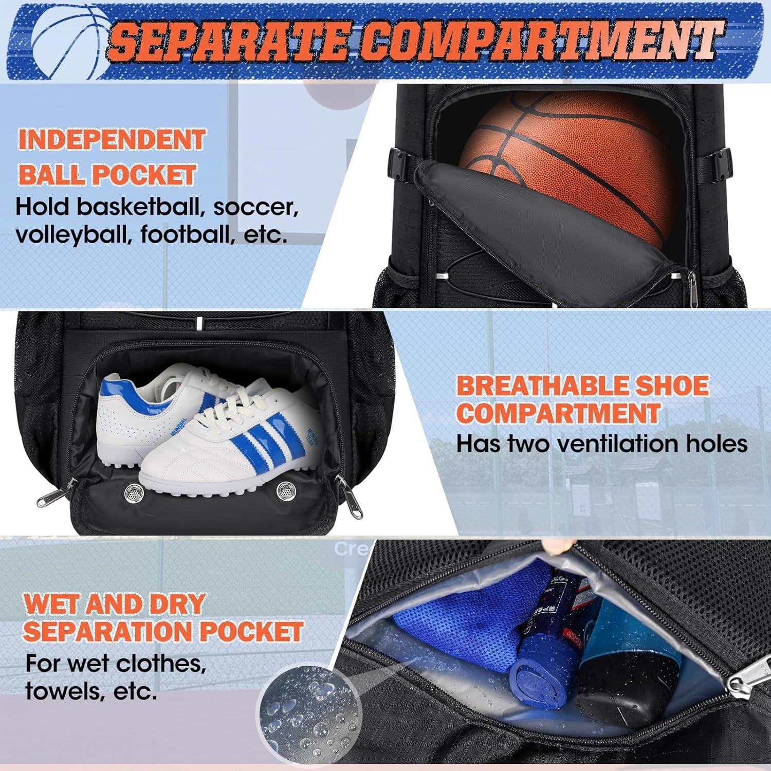 Basketball Backpack 45L Basketball Bag with Separate Ball Holder & Shoes Compartment Water Resistant Sports Bag Basketball Equipment Bags Fit Volleyball, Soccer, Swim, Gym, Travel