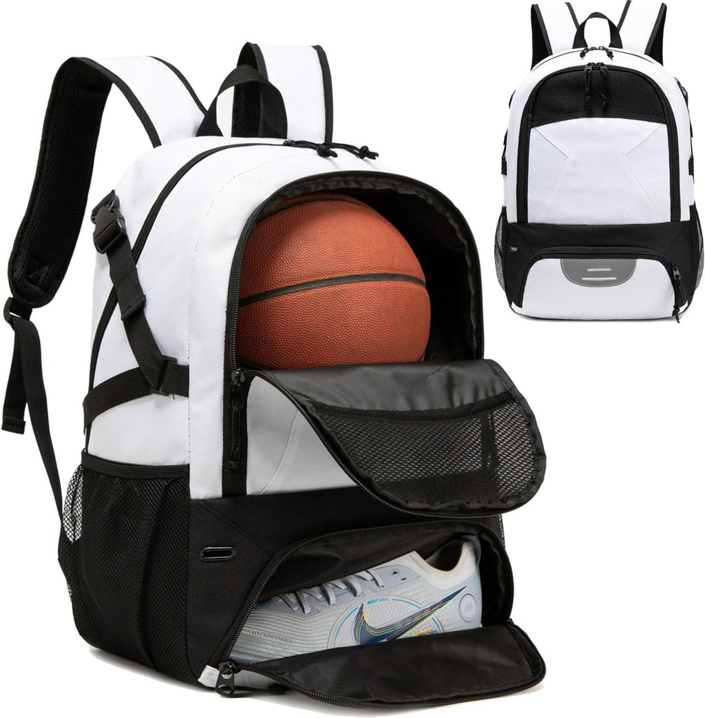 Basketball Backpack - Large Sports Equipment Bag with Ball Holder & Shoe Compartment for Basketball. (White)