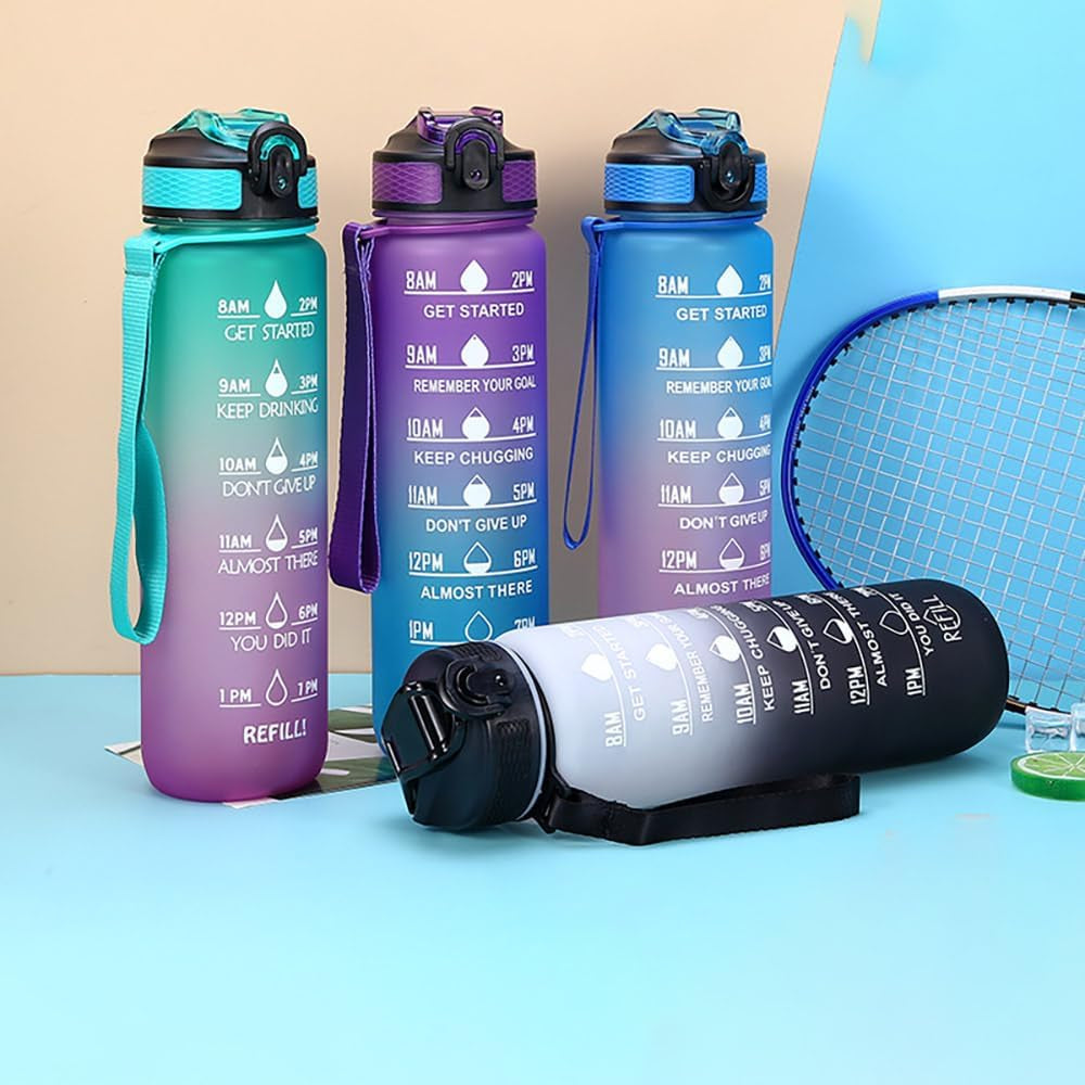 Water Bottle with Time Marker - 32Oz, Sports Water Bottles with Straw & Carrying Strap