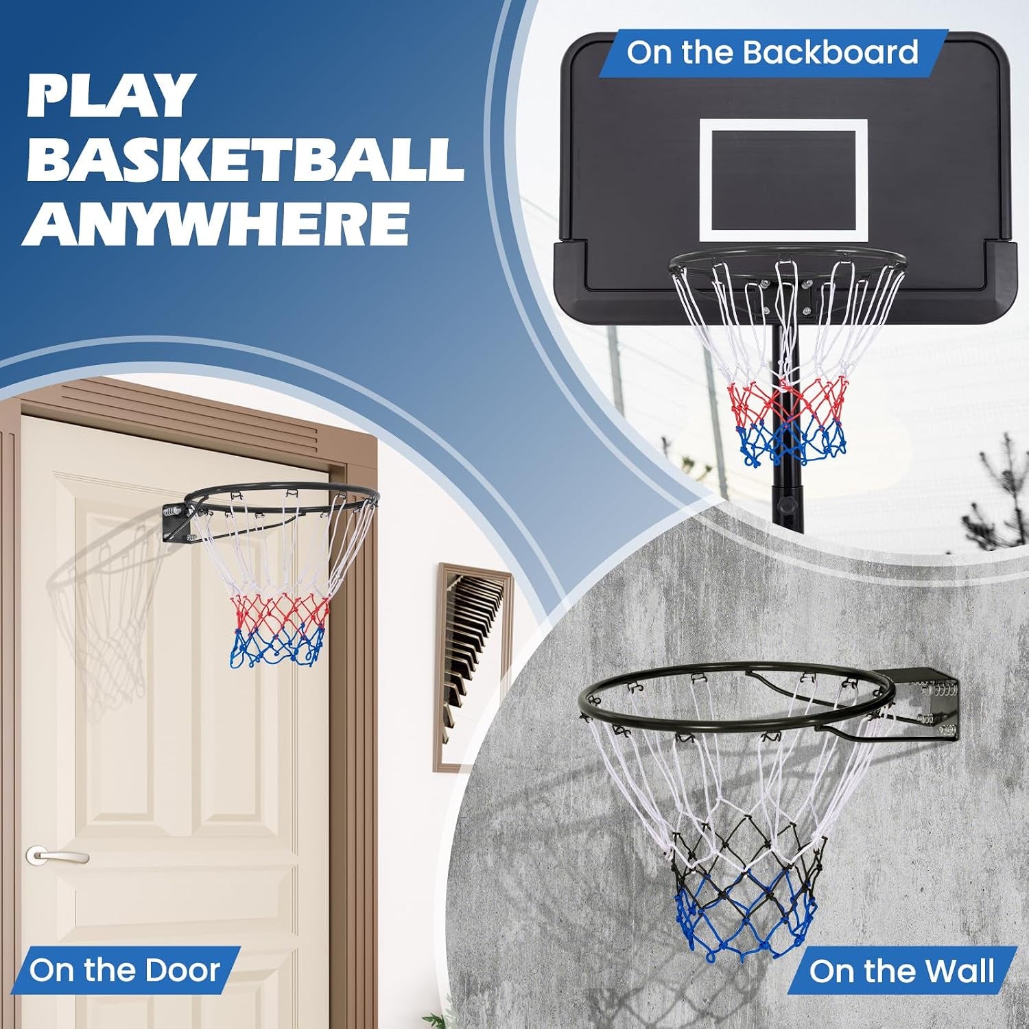 Basketball Rim, 15/18 Inch Basketball Rim Replacement with All-Weather Net, Basketball Hoop Replacement Rim Outdoor/Indoor for Wall Door Mounted
