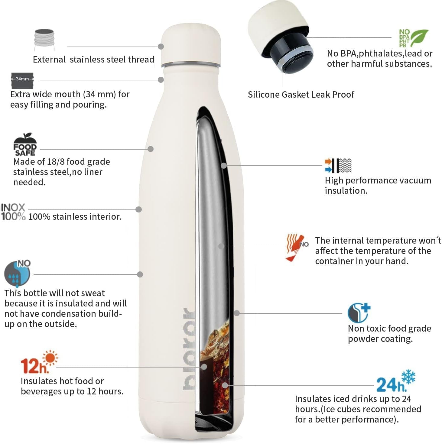 25Oz Insulated Stainless Steel Water Bottles Travel Sports Metal Water Bottles BPA Free, Angle White