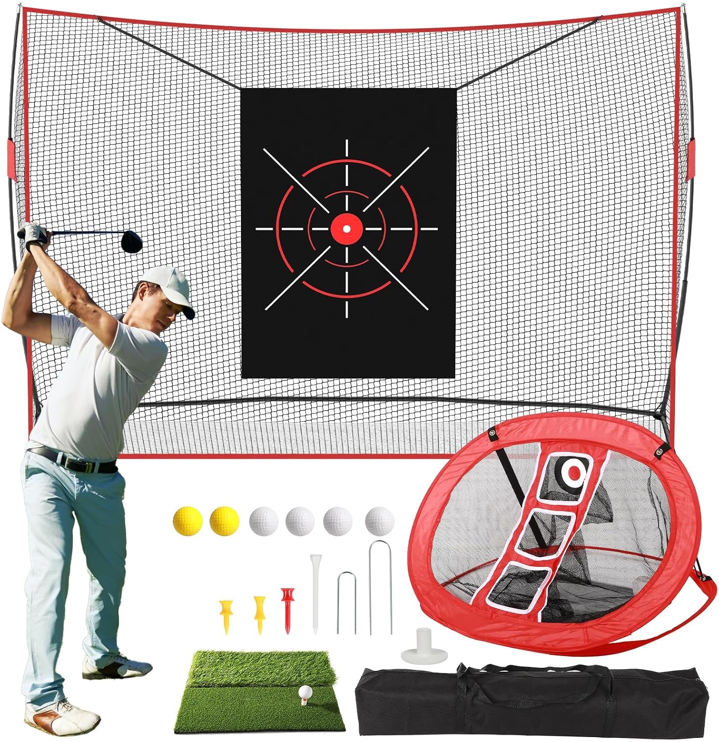 Golf Net, 10 X 7FT Heavy Duty Golf Practice Net with Chipping Practice Net, Golf Practice Net, Training Net for Backyard Driving Chipping Indoor Outdoor Training
