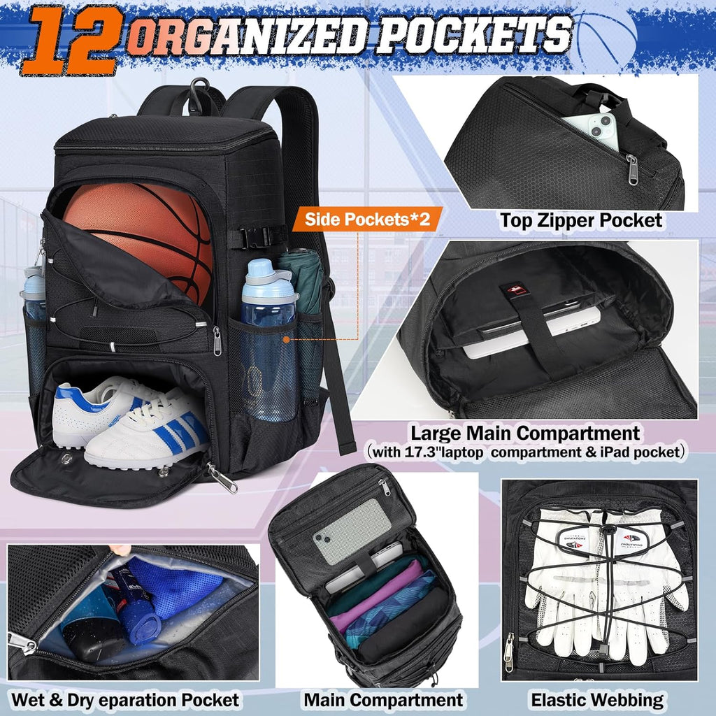 Basketball Backpack 45L Basketball Bag with Separate Ball Holder & Shoes Compartment Water Resistant Sports Bag Basketball Equipment Bags Fit Volleyball, Soccer, Swim, Gym, Travel