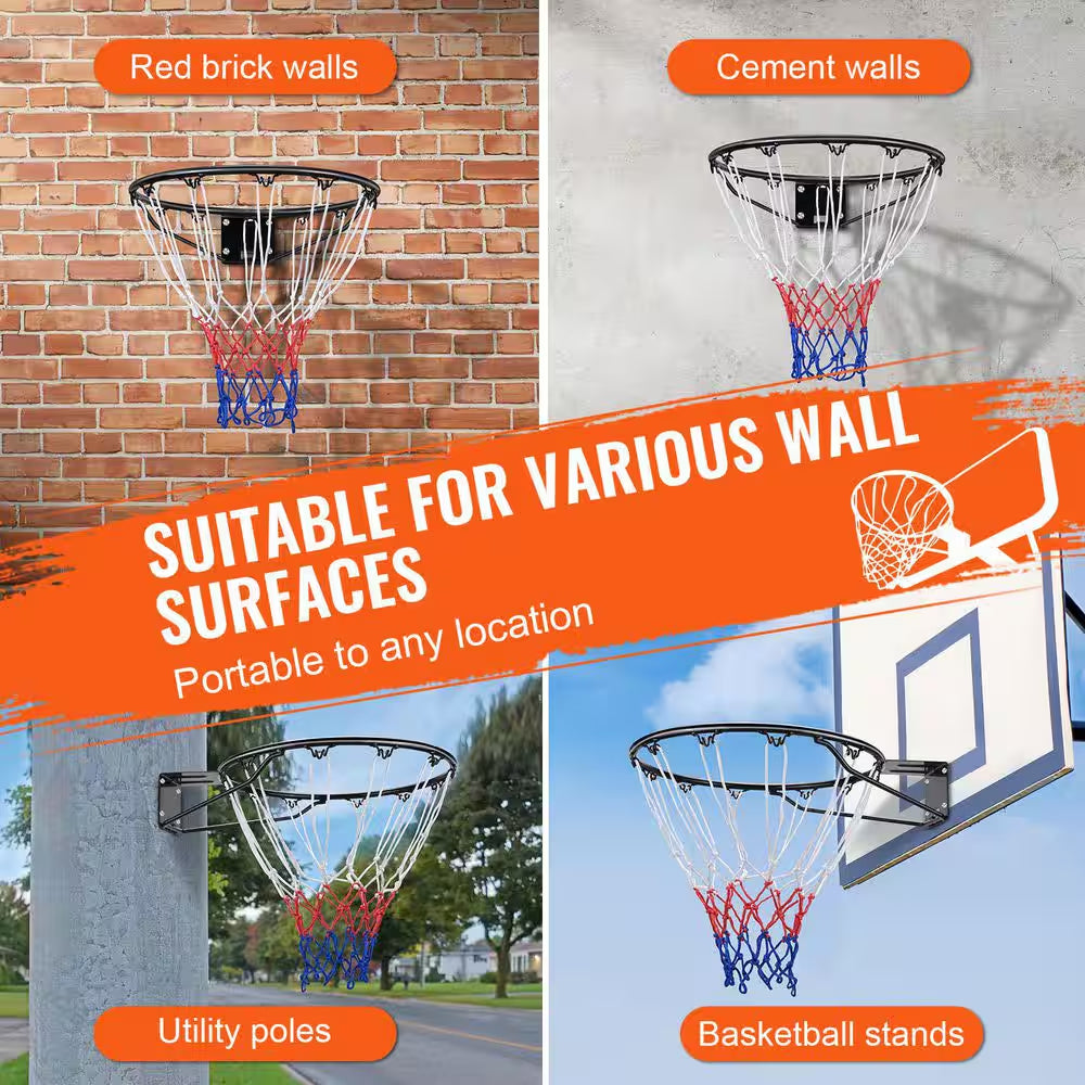 Basketball Rim, Heavy Duty Q235 Basketball Flex Rim Goal Replacement with Net, Wall Door Mounted Basketball Hoop