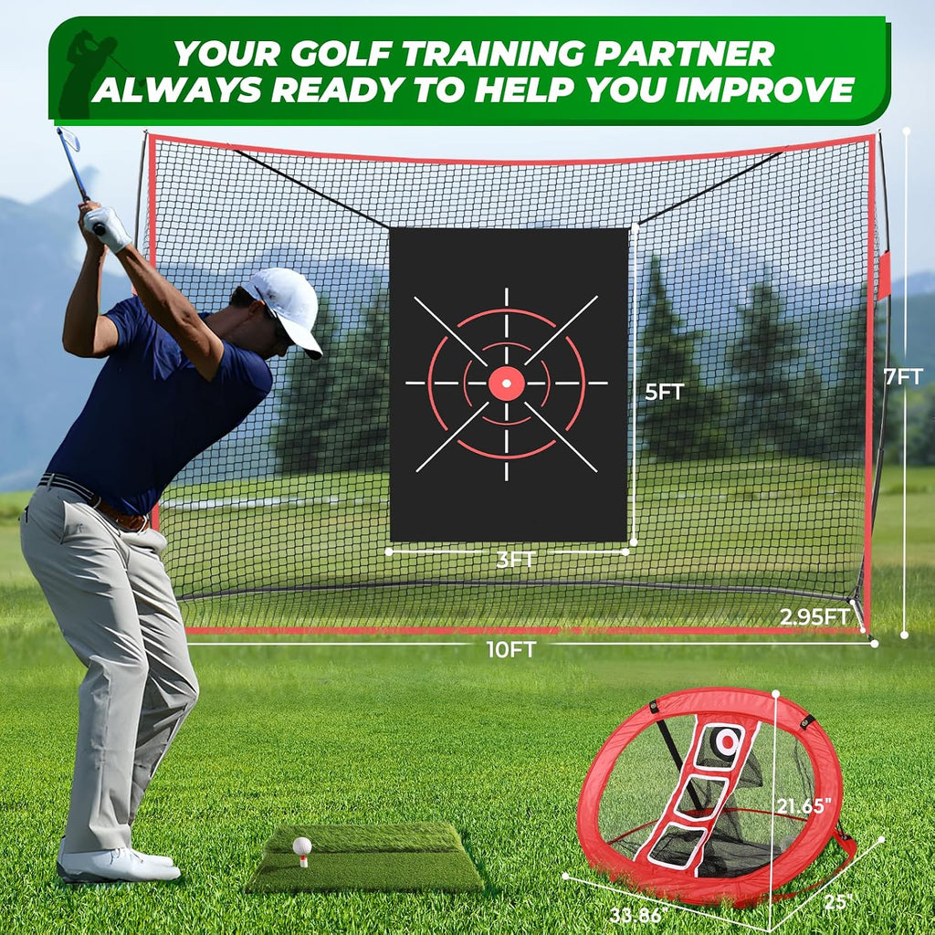 Golf Net, 10 X 7FT Heavy Duty Golf Practice Net with Chipping Practice Net, Golf Practice Net, Training Net for Backyard Driving Chipping Indoor Outdoor Training