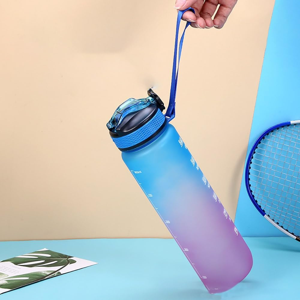 Water Bottle with Time Marker - 32Oz, Sports Water Bottles with Straw & Carrying Strap