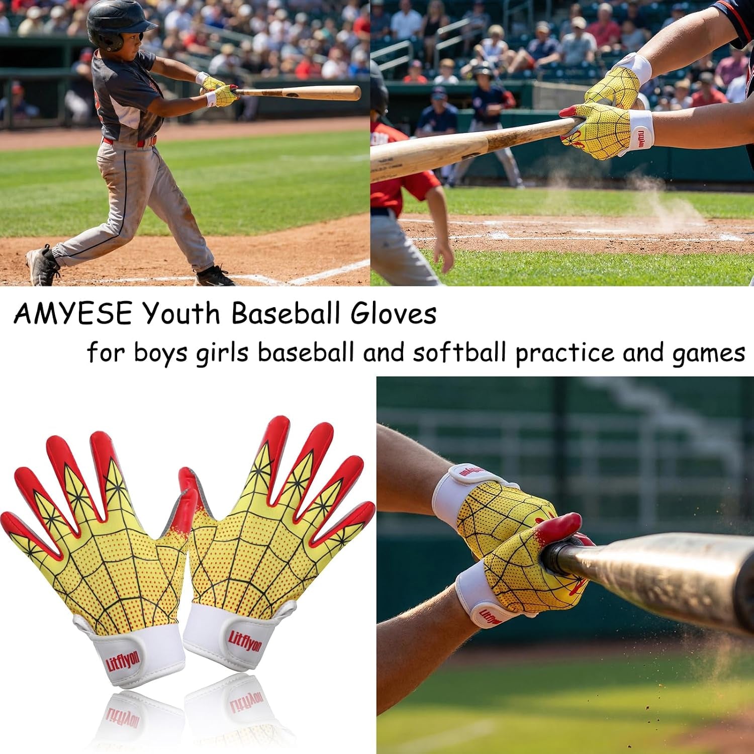 Youth Baseball Batting Gloves - Sport Baseball Gloves, Breathable Stretchy Firm Grip Softball Glove for Batting Cage Practice Games