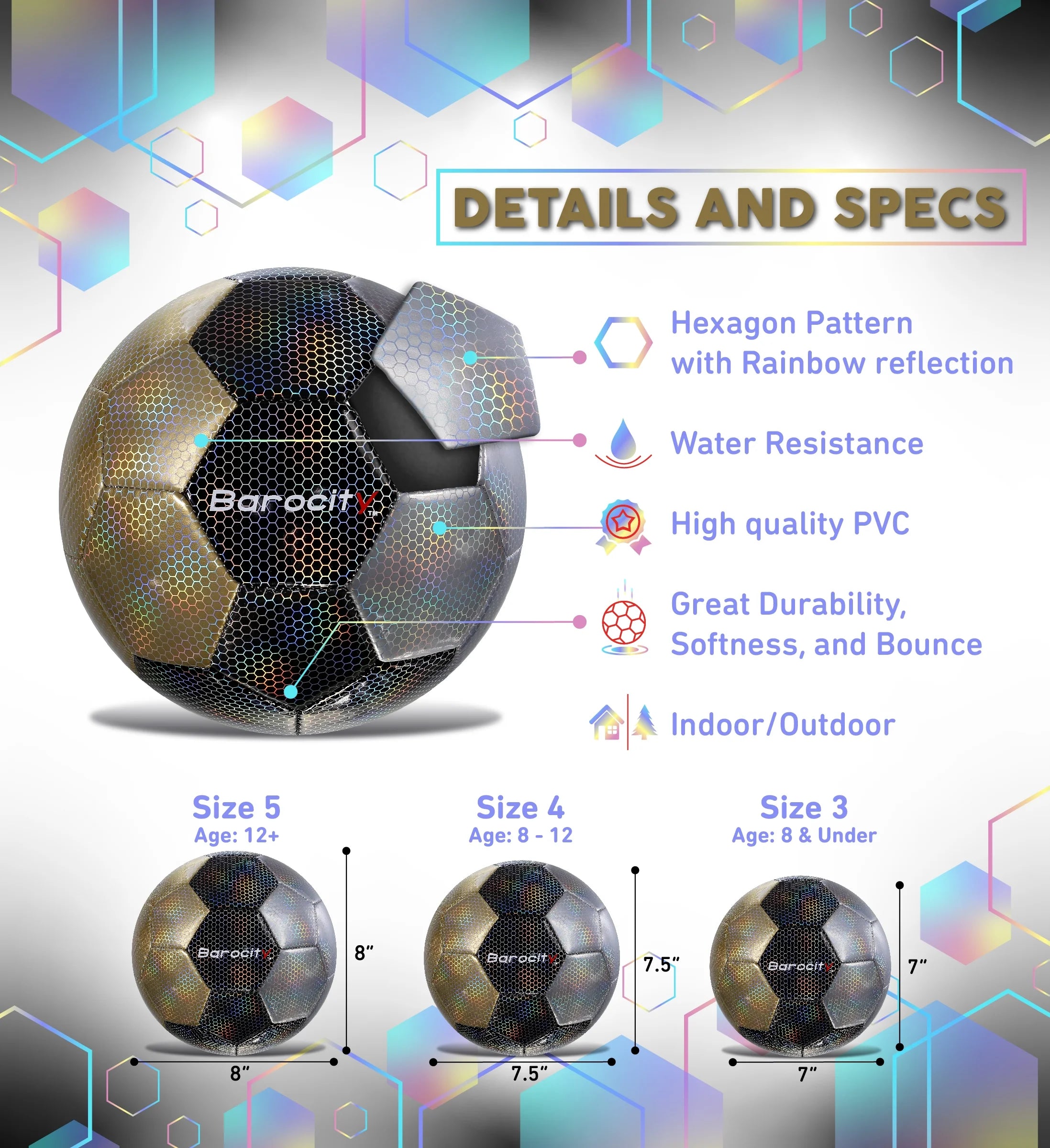 Barocity Mix Silver, Black, Gold Soccer Ball- Premium Size 3 with Reflective Iridescent Rainbow Hex Pattern, Boys and Girls, Kids for Indoor and Outdoor Playtime