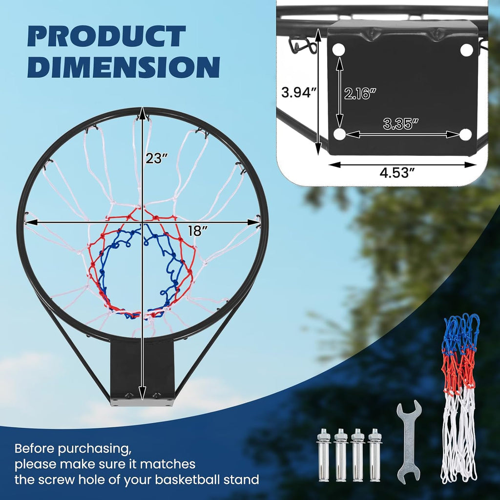 Basketball Rim, 15/18 Inch Basketball Rim Replacement with All-Weather Net, Basketball Hoop Replacement Rim Outdoor/Indoor for Wall Door Mounted