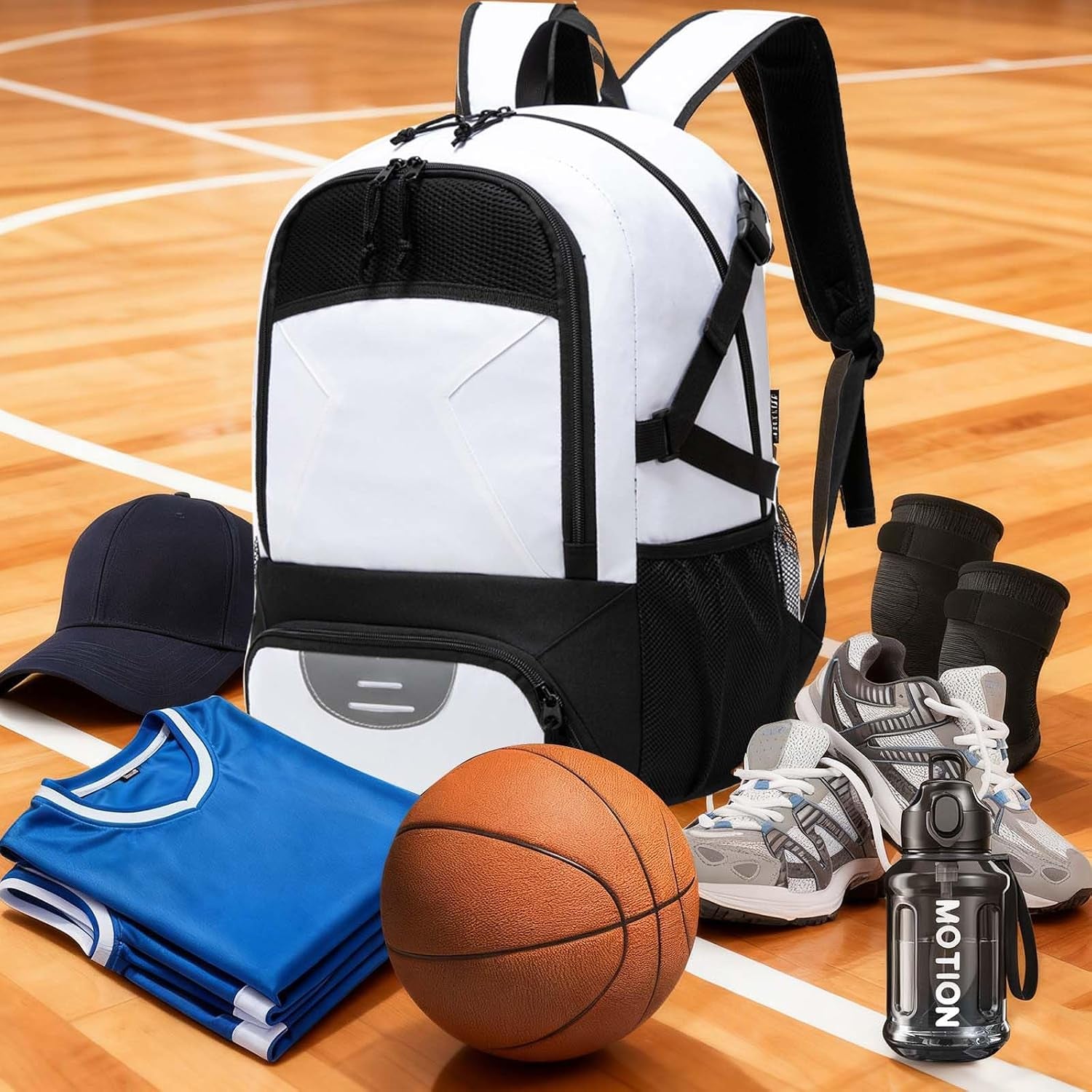 Basketball Backpack - Large Sports Equipment Bag with Ball Holder & Shoe Compartment for Basketball. (White)